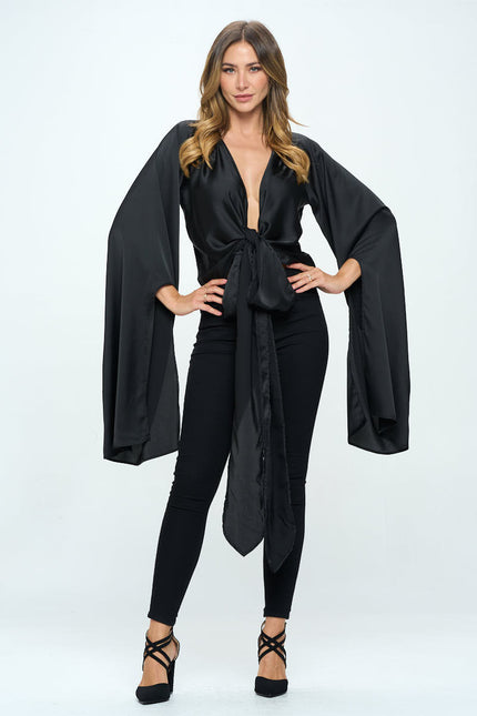 Stretch Satin Wrap Top with Exaggerated Sleeves-1