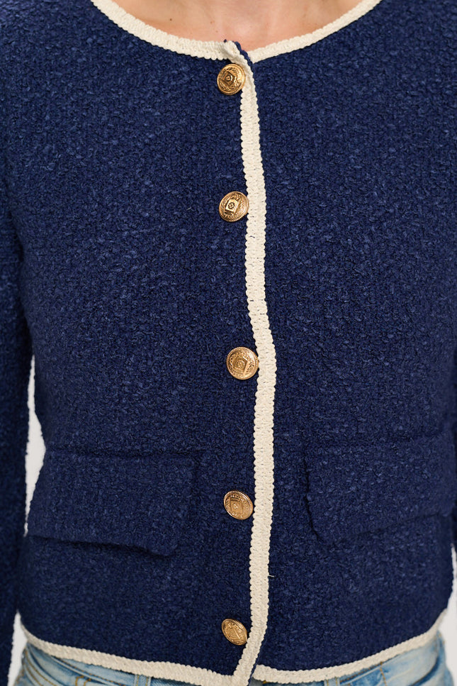 Navy Textured Cardigan Top with Button Detail-1