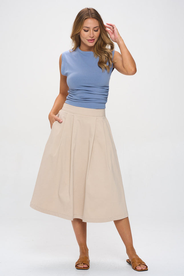 Solid Pleated Midi Skirt with Pockets-4