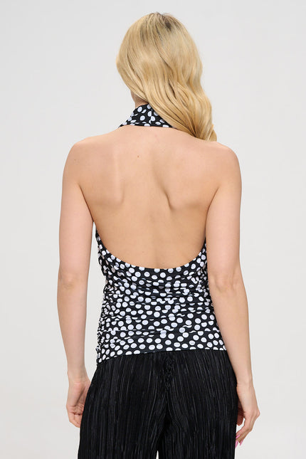 Polka Dot Deep Halter V neck Side Ruched Top w Open Back-3