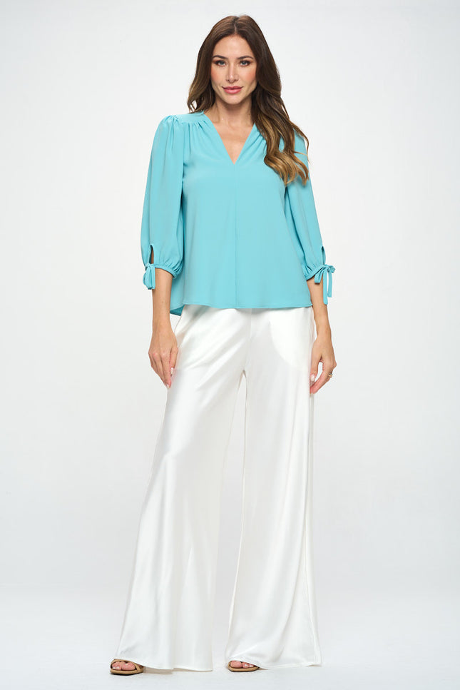 Solid V neck Top with Self Tie Sleeves-4