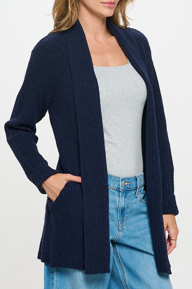 Rib Knit Open Front Cardigan with Pockets and Folded Sleeve-2