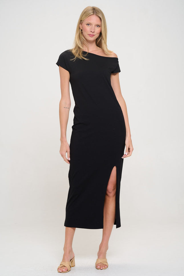 Solid Off the Shoulder Maxi Dress with Slit-1