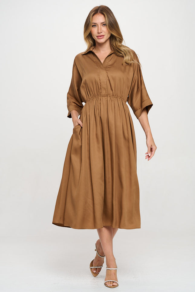 Tencel Collared V neck Midi Dress with Pockets-4