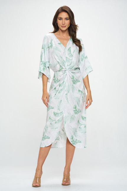 Tencel Tropical Leaf Print Kimono Style Dress with Front Twist-3