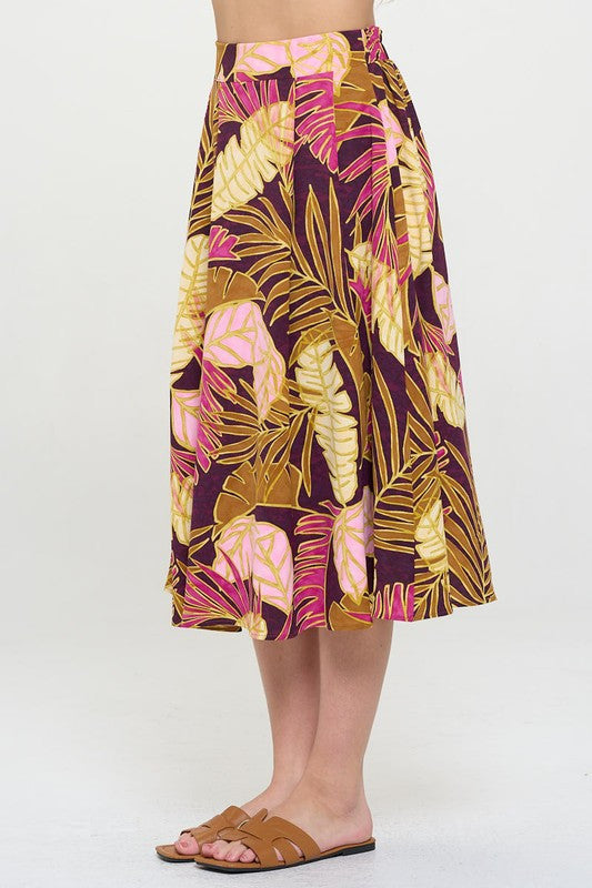 Tropical Leaf Print Midi Skirt with Pockets-3