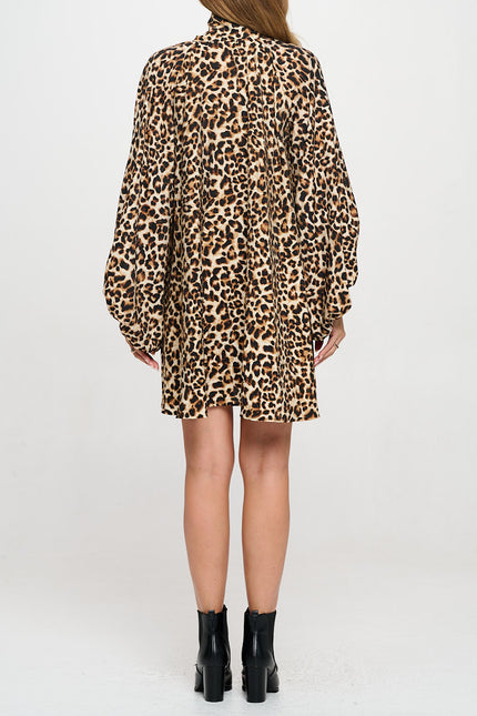 Leopard Print Puff Sleeve Dress with Front Neck Tie Detail-3