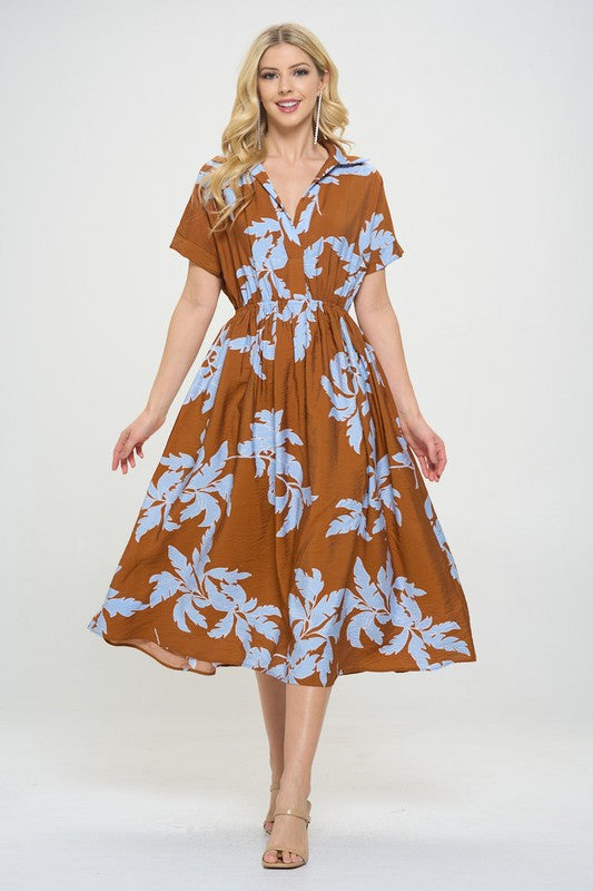 Flower Print Collared V neck �Dress with Pockets-1