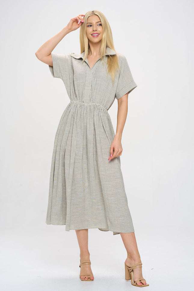 Striped Print Collared V neck Dress with Pockets-1