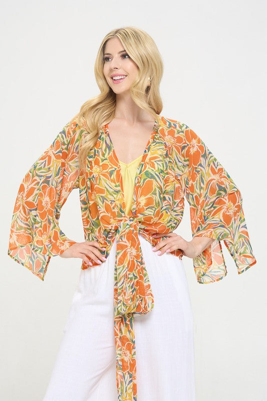 Floral Print Chiffon Sheer Kimono Versatile Wrap Top-2