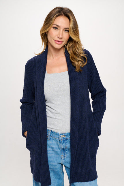 Rib Knit Open Front Cardigan with Pockets and Folded Sleeve-0