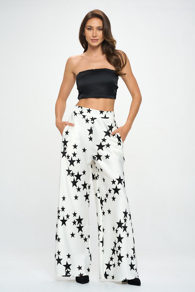 Silky Satin Star Print Pants with Side Pocket-3