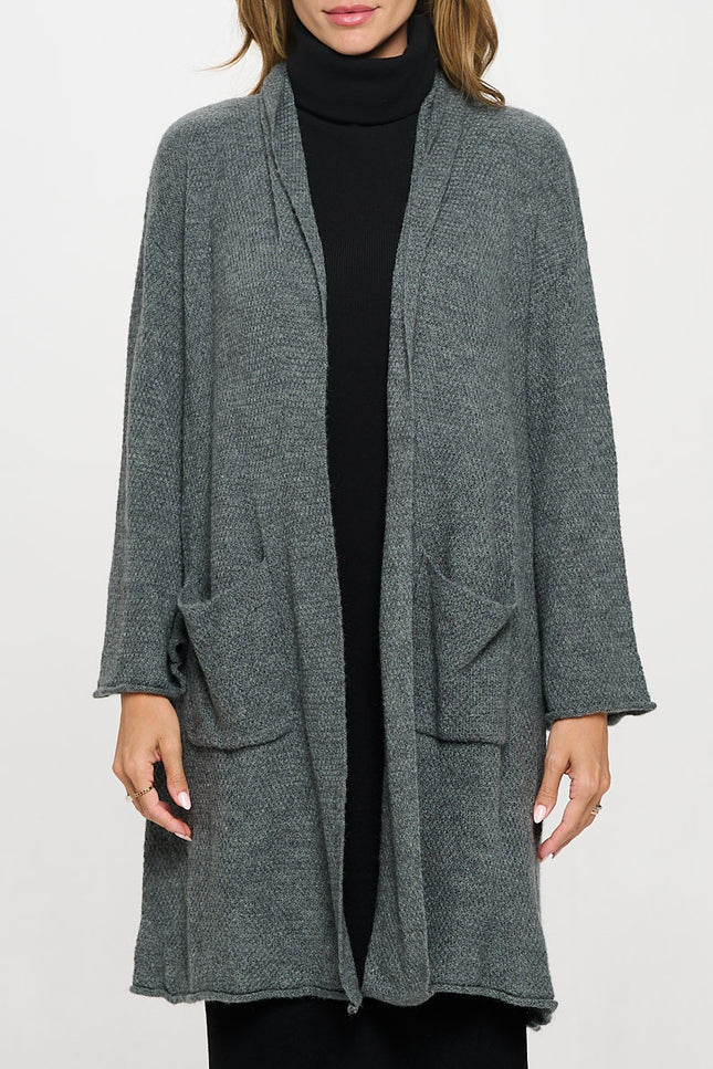 Thick Knit Open Front Draped Cardigan with Pockets-1