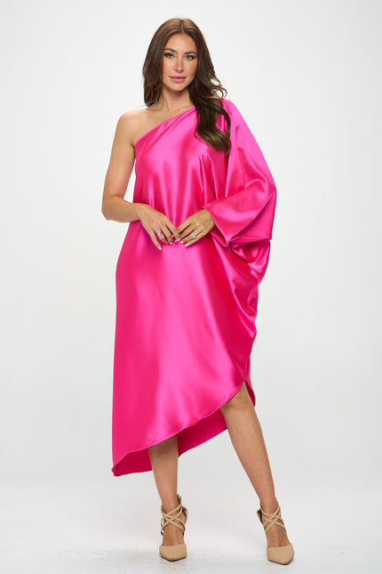 Satin Oversize One Shoulder Asymmetrical Dress-2