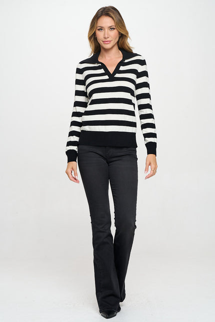 Striped Knit Polo Collar neck Long Sleeve Top-4