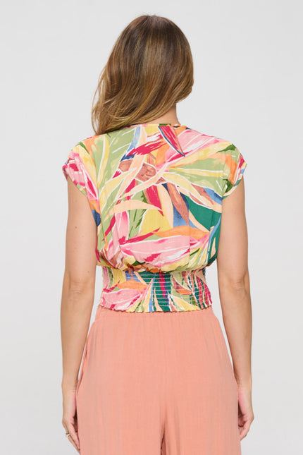 Floral Print V neck Crop Top with Smock Back Detail-3