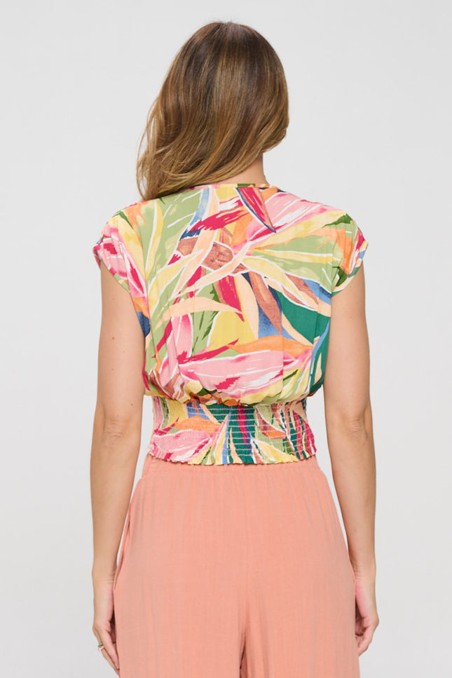 Floral Print V neck Crop Top with Smock Back Detail-3