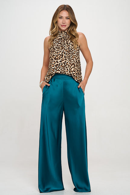 Stretch Satin Pants w/ Elastic Waist and Pockets-4