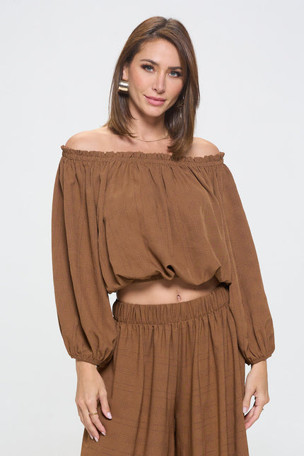 Textured Off the Shoulder Top with Balloon Sleeve-2