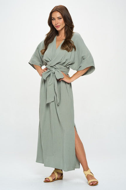 Solid Kimono Style Maxi Dress with Tie-1