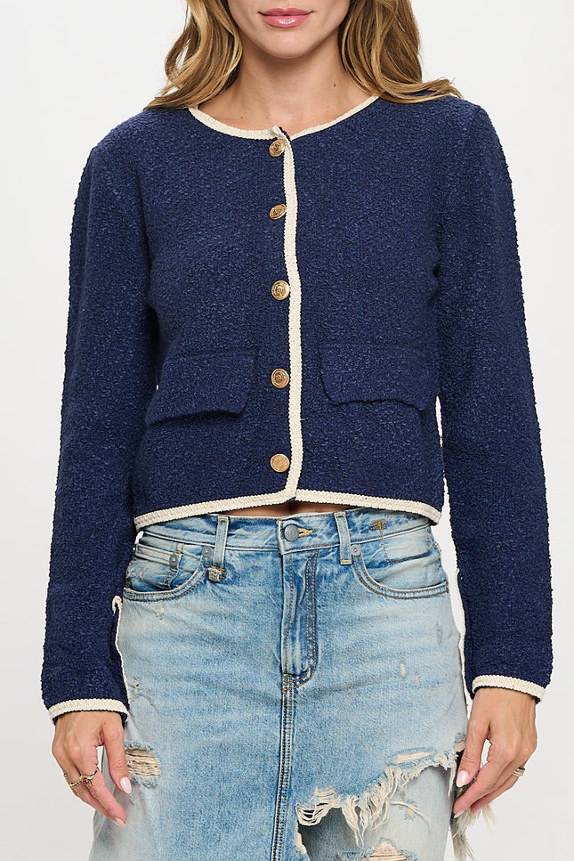 Navy Textured Cardigan Top with Button Detail-2