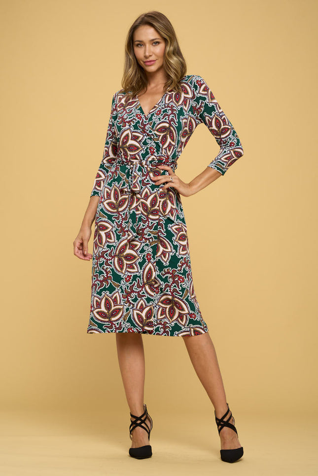 Print V neck Jersey Wrap Dress with Tie-0