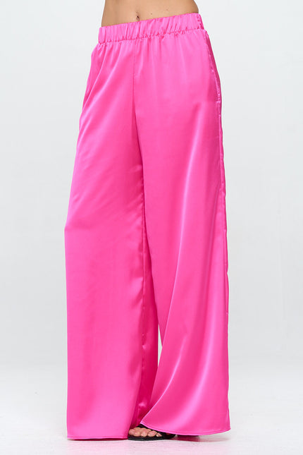 Stretch Satin Pants w/ Elastic Waist and Pocket-2