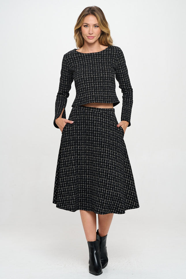 Plaid Knit Flowy Midi Skirt with Pockets-4