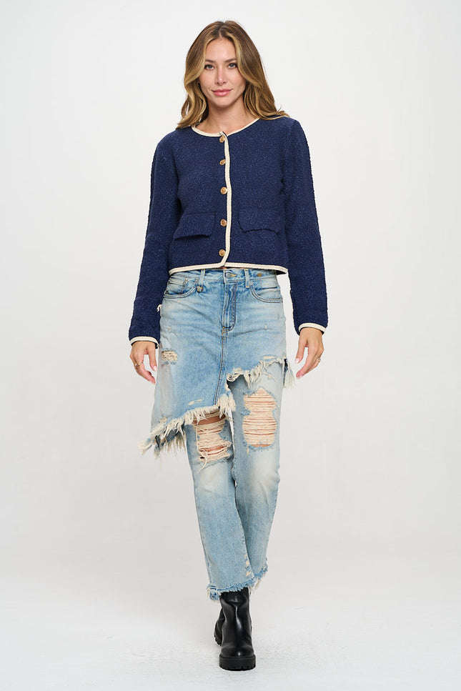 Navy Textured Cardigan Top with Button Detail-5