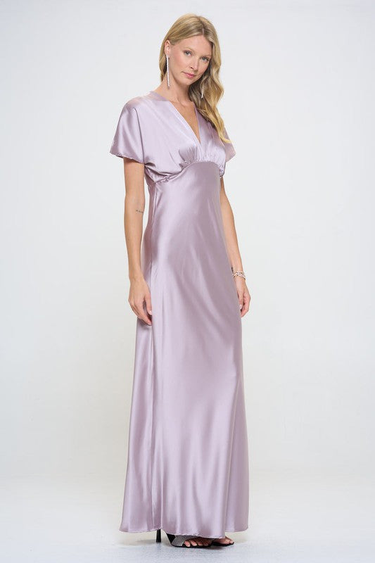 Satin Solid Deep V neck Formal Dress-2