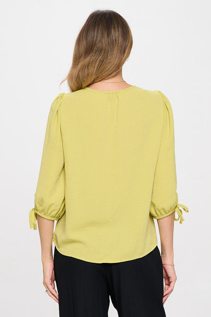 Solid V neck 3/4 Sleeve Top with Sleeve Tie-3