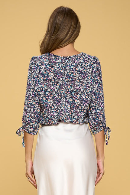 Floral Print Top with Self Tie Sleeves-3