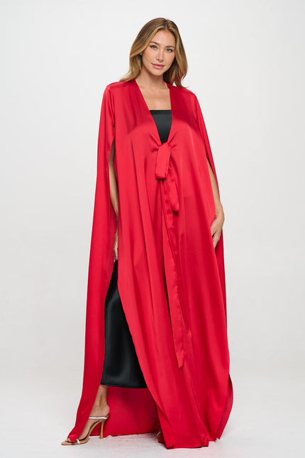 Satin Solid Draped Long Kimono Cardigan with Front Tie-4