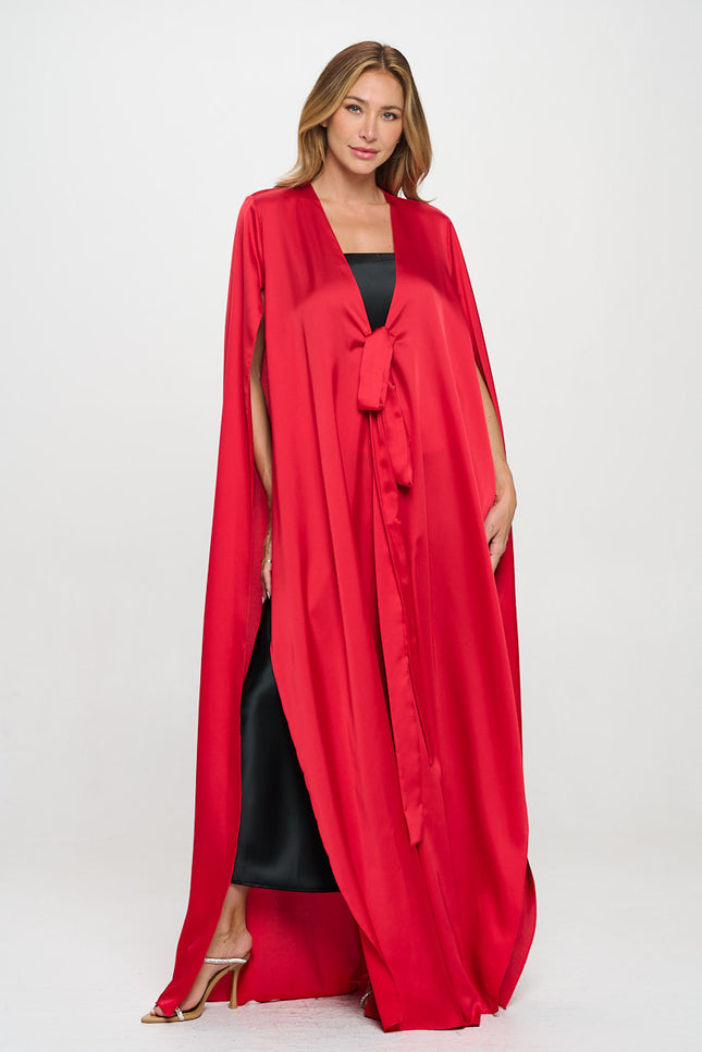 Satin Solid Draped Long Kimono Cardigan with Front Tie-4