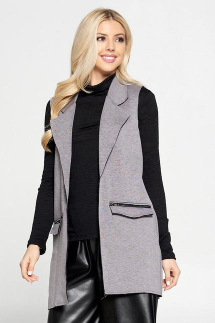 Sleeveless Blazer with Collar and Zipper Detailed Pockets-2