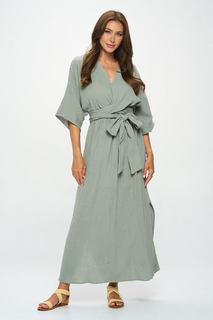 Solid Kimono Style Maxi Dress with Tie-2