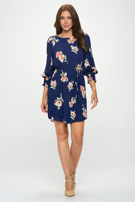 Flower Print Round neck Dress with 3/4 Cuffed Sleeve-3