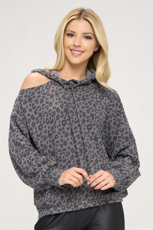 ANIMAL PRINT HOODIE WITH COLD SHOULDER-0