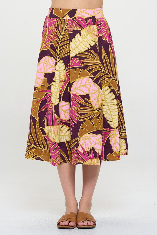 Tropical Leaf Print Midi Skirt with Pockets-0