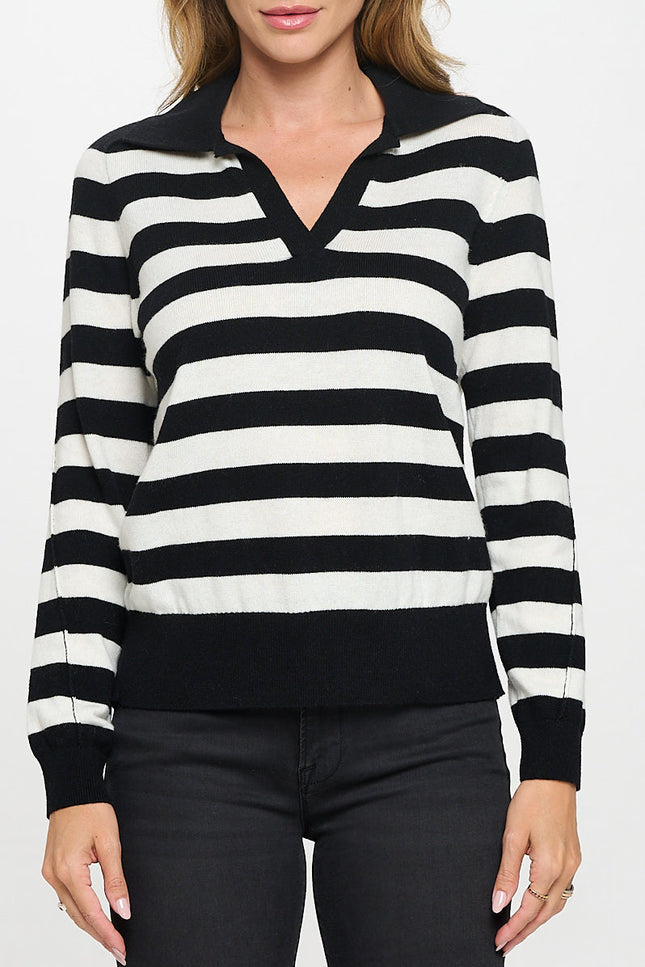 Striped Knit Polo Collar neck Long Sleeve Top-1