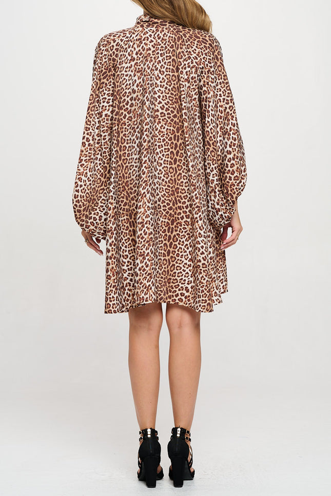 Leopard Print Puff Sleeve Dress with Front Neck Tie Detail-4