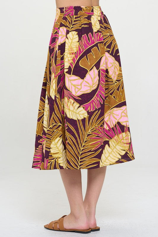 Tropical Leaf Print Midi Skirt with Pockets-1