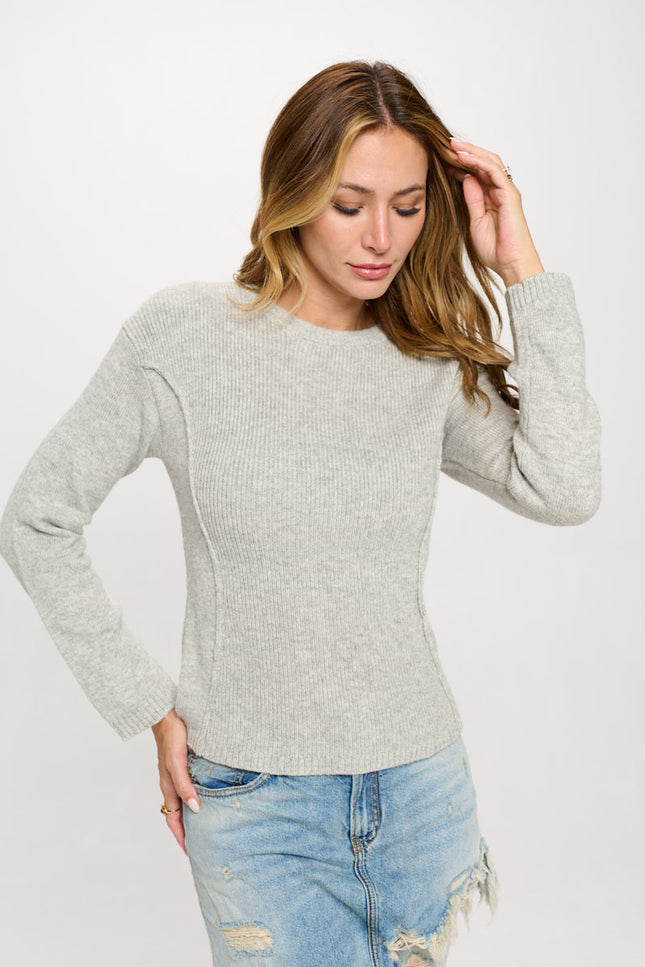 Rib Knit Solid Long Sleeve Pullover Sweater-0