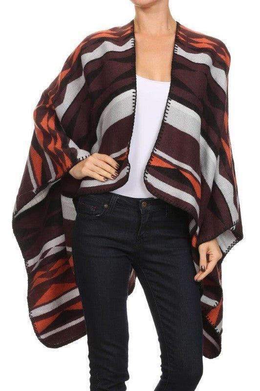 Multicolor Ethnic Stripe Poncho-0