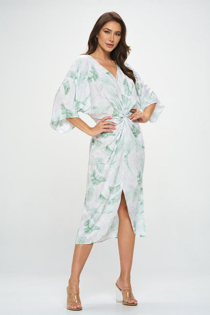 Tencel Tropical Leaf Print Kimono Style Dress with Front Twist-2