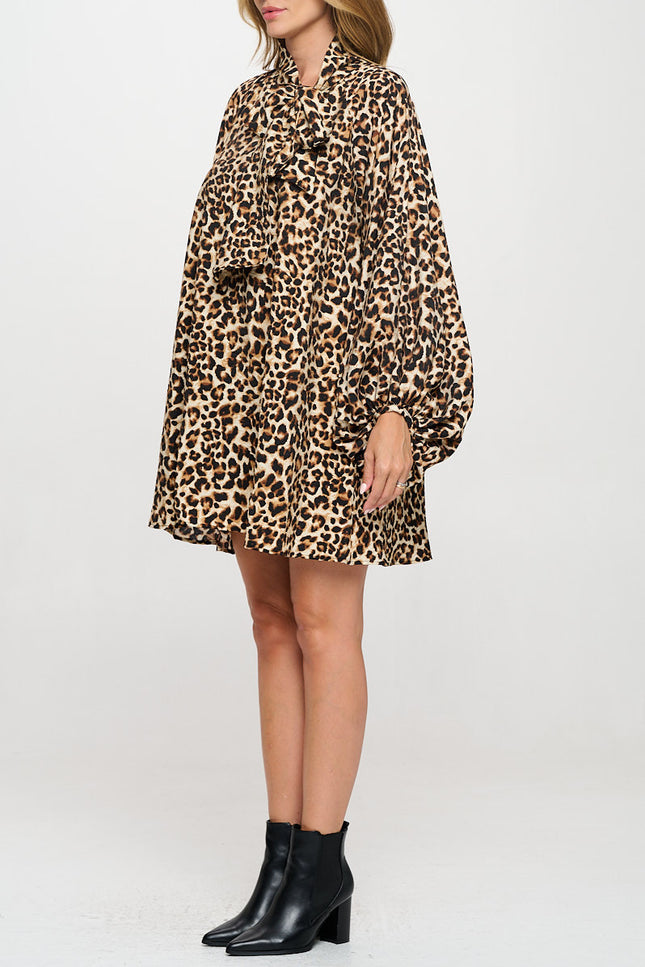 Leopard Print Puff Sleeve Dress with Front Neck Tie Detail-4