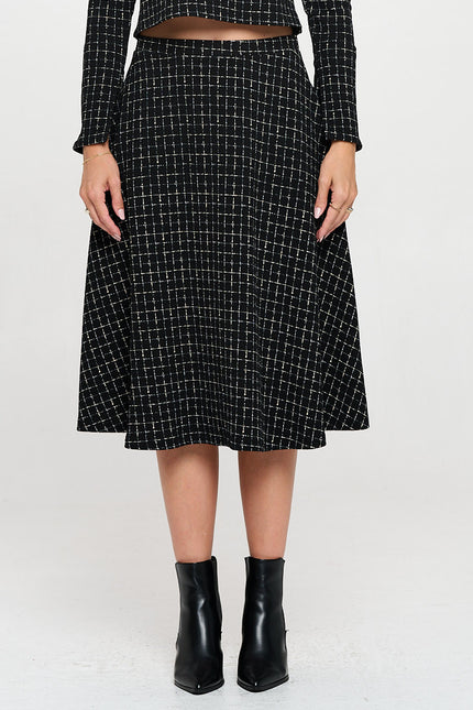 Plaid Knit Flowy Midi Skirt with Pockets-0