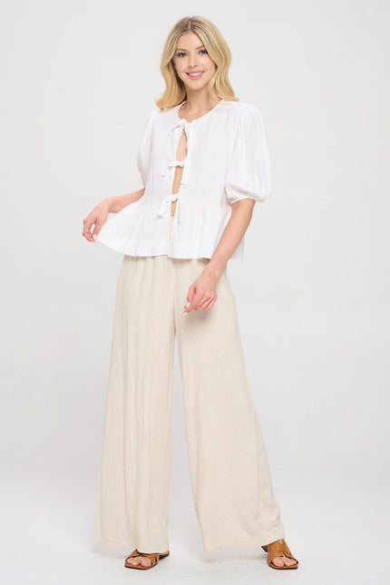 Linen Solid Puff Sleeve Top with Front Bow Detail-4