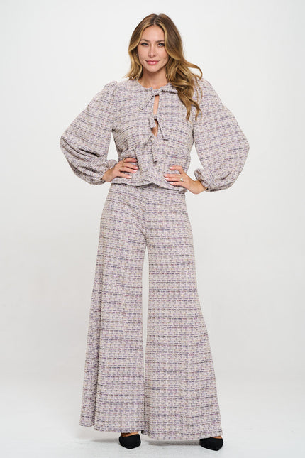 Plaid Tweed Knit with Wide Leg Pants-5