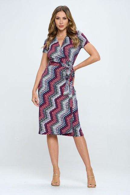 Print V neck Jersey Wrap Dress with Tie-1